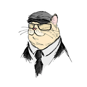 男生图像带猫的带眼镜,帽子和西装的时尚猫照片