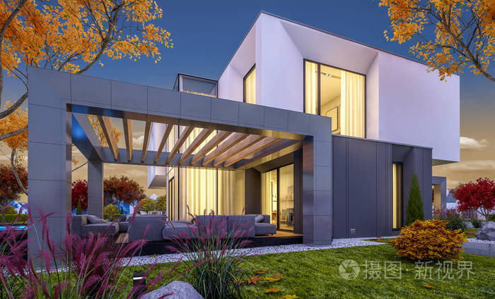 3d在花园与车库出售或租金与美丽的树木在背景下的现代舒适的房子渲染