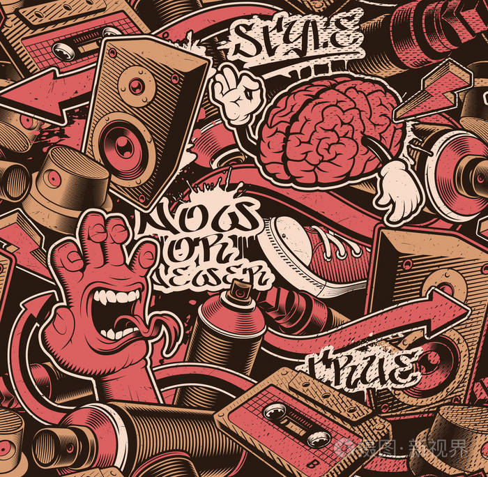 彩色涂鸦与卡通人物的无缝模式