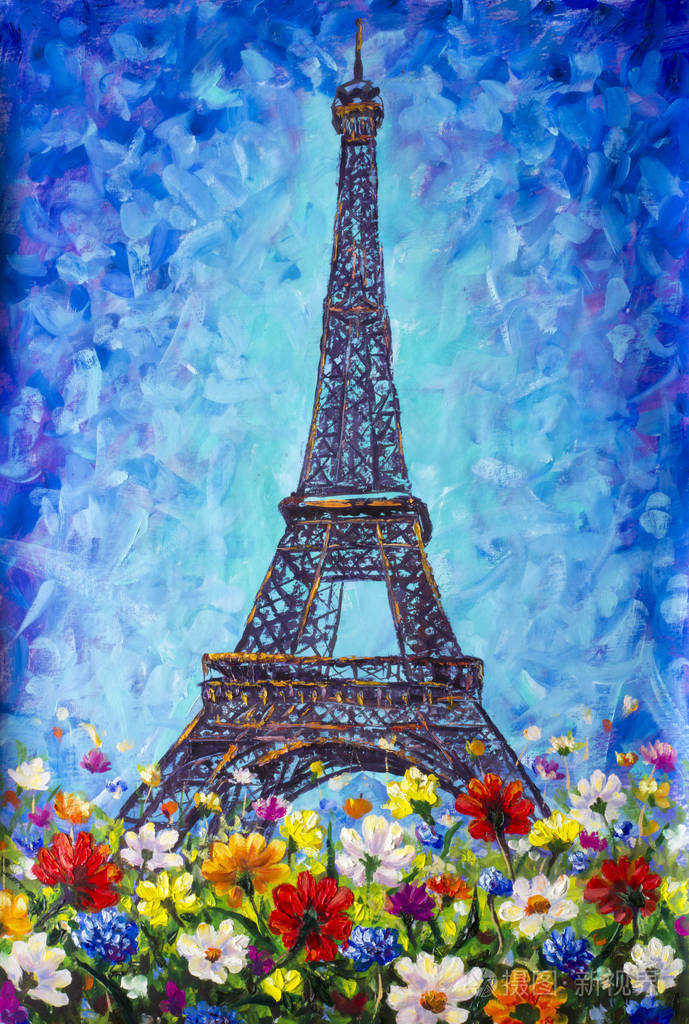 铁塔, 巴黎多彩多姿的春天花朵上的蓝色背景手工制作的调色板刀油画