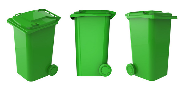 绿色，垃圾桶塑料垃圾桶孤立在白色背景上。很容易为您设计可编辑