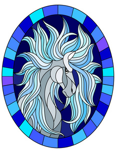 彩绘玻璃风格与抽象白马的插图在蓝色背景框在椭圆形图片