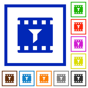 在白色背景的方形框架中过滤电影平面颜色图标