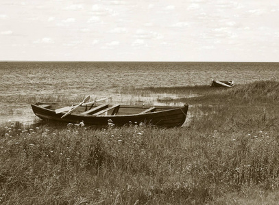 老传统捕鱼木船在湖岸边, 靠近卡尔戈波尔, 阿尔汉格尔斯克地区, 俄罗斯。夏季时间。单色风格