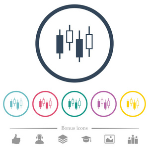 烛形图表圆形轮廓中的纯色图标。包含6奖金图标
