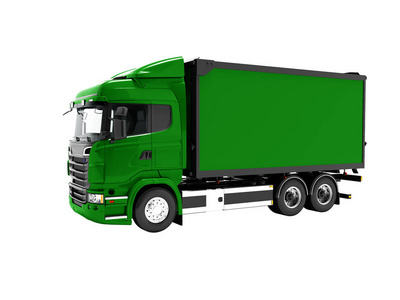 现代绿色卡车运输的城市周围的货物3d呈现在白色背景没有阴影