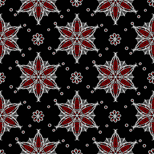 无缝的花卉图案。黑色背景上的红色和白色元素