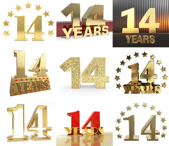 集十四年 14 年 庆典设计。周年纪念金数模板元素为您的生日聚会。3d 插图