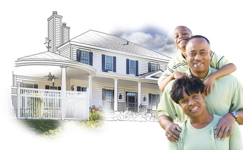 非洲裔美国家庭在房子图纸和照片上白