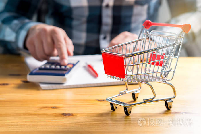 人们用钢笔,纸和计算器在家里清点食物和消费品的钱.