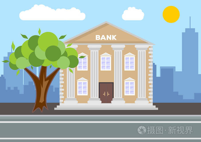 银行大楼.城市景观概念.平面设计.向量例证