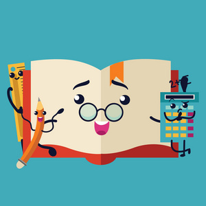 眼镜和学校用品学校用品平面海报, 卡通符号的打开书数学计算器尺和