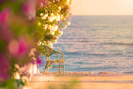 美丽的场景与椅子在海滩与海和日落天空在背景和叶子在前景。休闲点