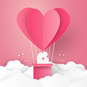 情人节, 爱情插画, 情侣接吻在热气球上的心形, 纸艺风格