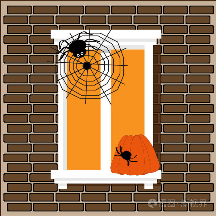 蜘蛛网上的蜘蛛在一堵砖墙上的窗户上, 万圣节