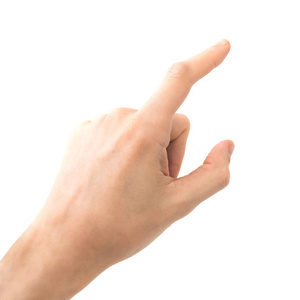 女性手触或指向在白色背景被隔绝的东西照片