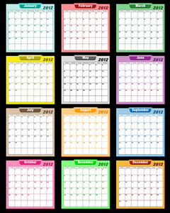 2012 年日历各种各样的颜色