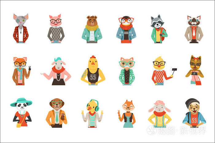 可爱的人性化的动物,穿着时尚的衣服套矢量插图