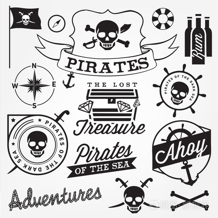 复古风格海盗设计元素的集合.矢量图