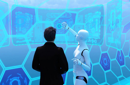 虚拟现实中的商业人员和机器人的人工智能三维图解