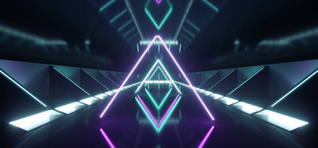 空的现代未来科幻宇宙飞船外星人走廊隧道与发光的白色灯和紫色和蓝色三角形霓虹灯3d 渲染 Illlustration