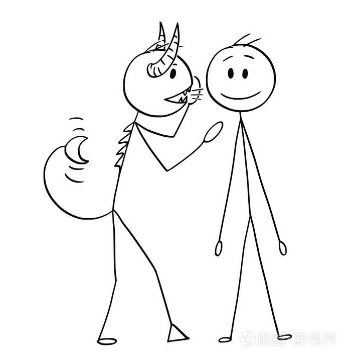 魔鬼或恶魔的动画片耳语一个秘密或忠告在人的耳朵
