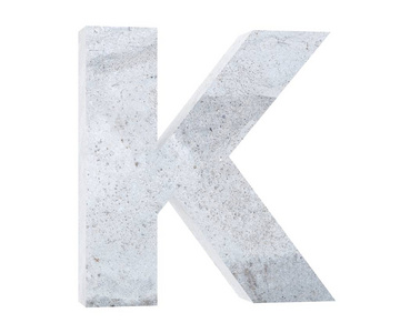 混凝土首都字母 k 隔离在白色背景。3d 渲染插图