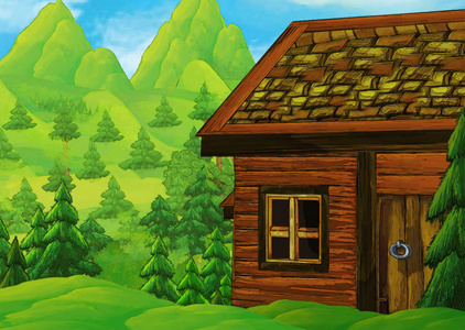 在一些草地上的木房子和没有人在舞台上的动画片场景-儿童例证照片