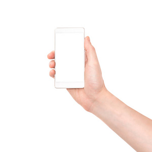 手持白色智能手机与独立的白色背景屏幕