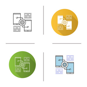 智能手机设置图标。带齿轮的电话平面设计, 线形和颜色样式。孤立向量插图
