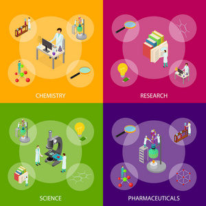科学化学药剂概念横幅设置3d 等距视图。向量