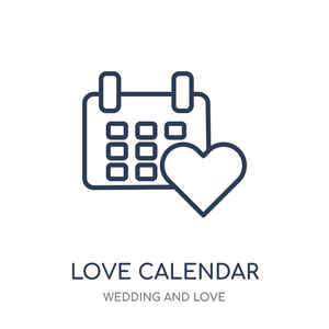 爱日历 图标。爱日历线性符号设计从婚礼和爱情收藏。简单的大纲元素向量例证在白色背景