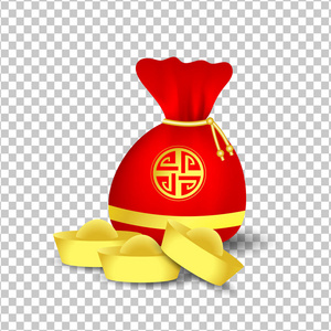 红色袋子为农历新年和金黄硬币被隔绝在白色透明背景. 矢量插图