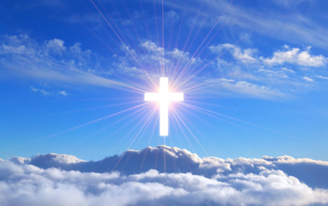 宗教交叉积云照亮的神圣光芒, 概念照片