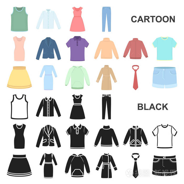 不同种类的服装卡通图标集为设计集.服装和风格矢量符号股票网站插图