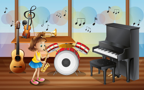卡通女人与键一个年轻的女孩,用乐器包围照片