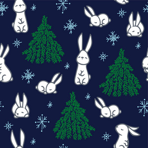 向量模式。小白小白兔, 圣诞树和雪花