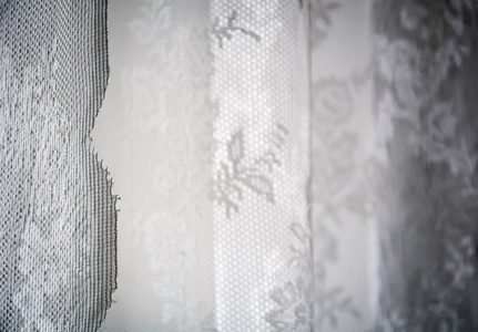 白色窗帘装饰有缝制的花卉图案在花边。自然柔和的光线拍摄室内