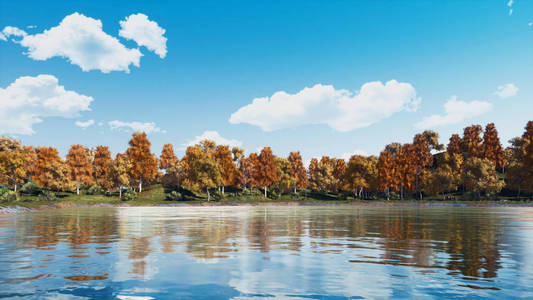 和平的湖滨秋景 华美的天空反射在明亮的水面上