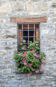 装饰有鲜花的古房子的门面