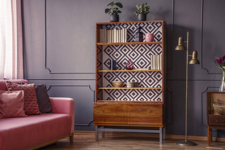 翻新木制书柜与几何图案和黄铜地板灯在一个优雅的, 黑暗的客厅内饰与舒适的粉红色沙发