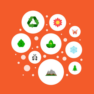 一套生态图标平面风格符号与雪花, 叶, 回收和其他图标为您的网络移动应用程序徽标设计