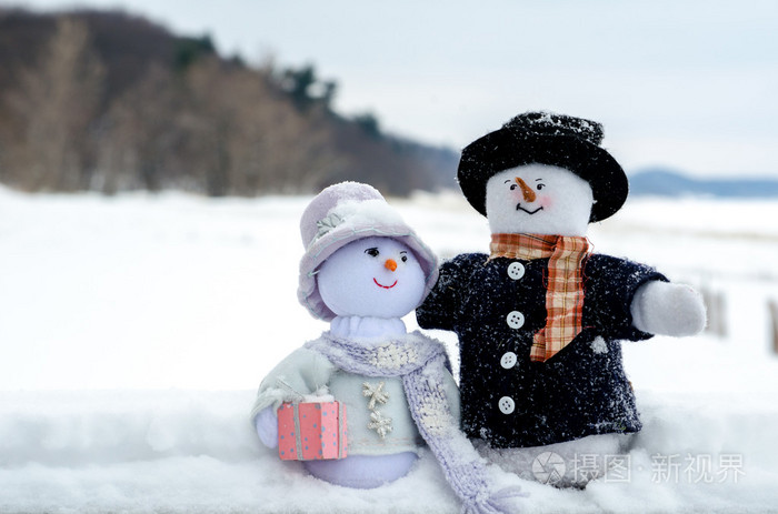 雪人夫妇在海滩之冬