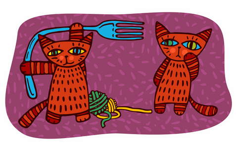 用叉子的红色小猫