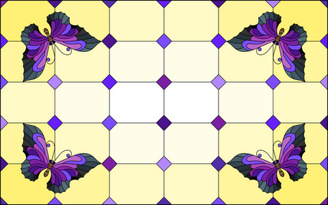 例证在彩色玻璃样式与明亮的紫色蝴蝶在分割的窗口背景, 在黄色背景