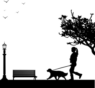 小女孩一只狗走在公园的春天轮廓分层
