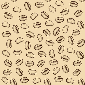 矢量咖啡豆雕刻无缝图案上的米色背景。复古手绘的小块。菜单广告的插图