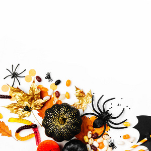 万圣节假期背景糖果, 蝙蝠, 蜘蛛, 南瓜和装饰品