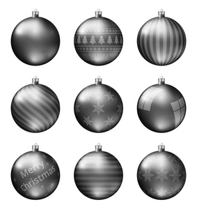 白色背景查出的黑色圣诞球。逼真的高品质的圣诞节小玩意的矢量集。不同的模式