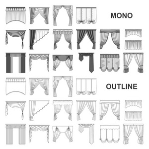 不同种类的窗帘单色图标集合设计。窗帘和 lambrequins 向量符号股票网页插图
